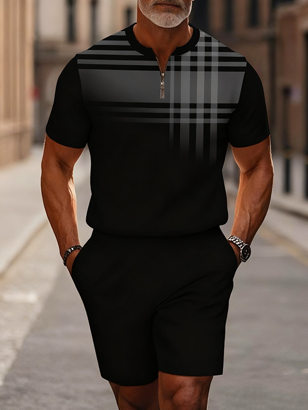 Men's fashion casual round-neck zipper geometric printed short-sleeved two-piece set