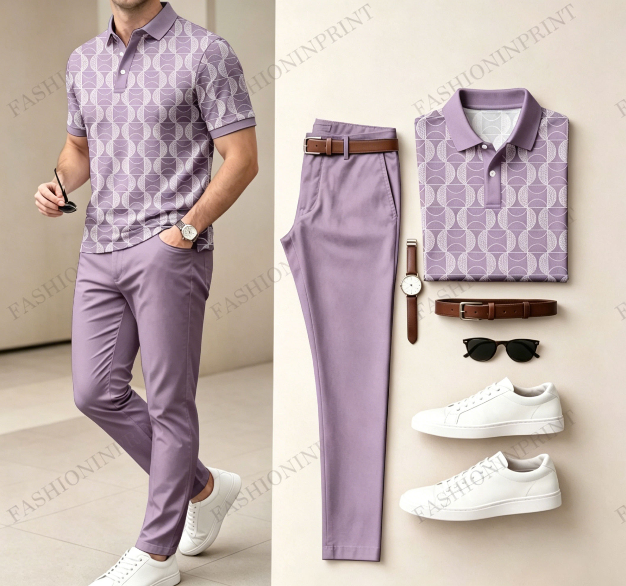 Men's Casual Dark Green Plaid Printed Polo Shirt And Pants Two-Piece Set