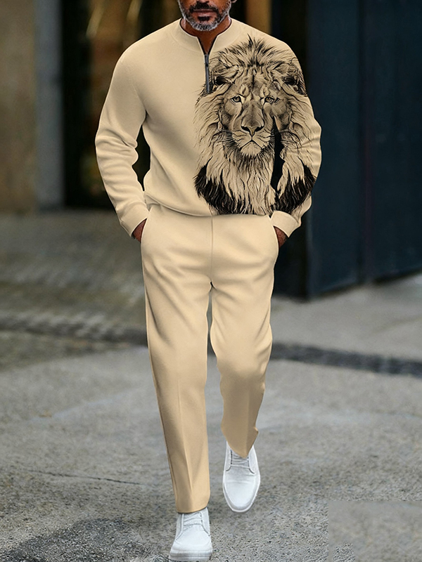 Men's fashion casual geometric print long sleeve zipper two-piece set