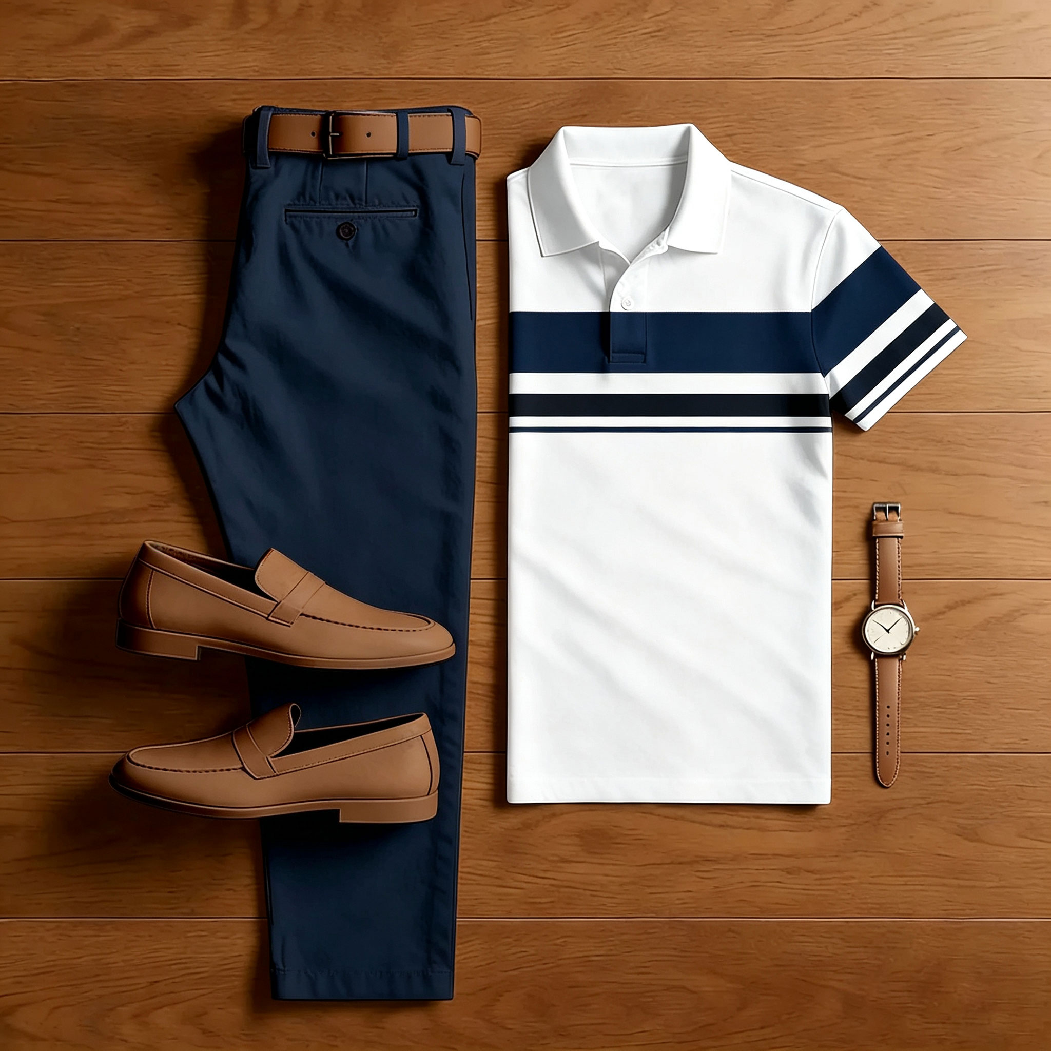 Men's Pink & White Casual Color Matching Striped Printed Short Sleeved Polo Shirt & Trousers Two-Piece Set