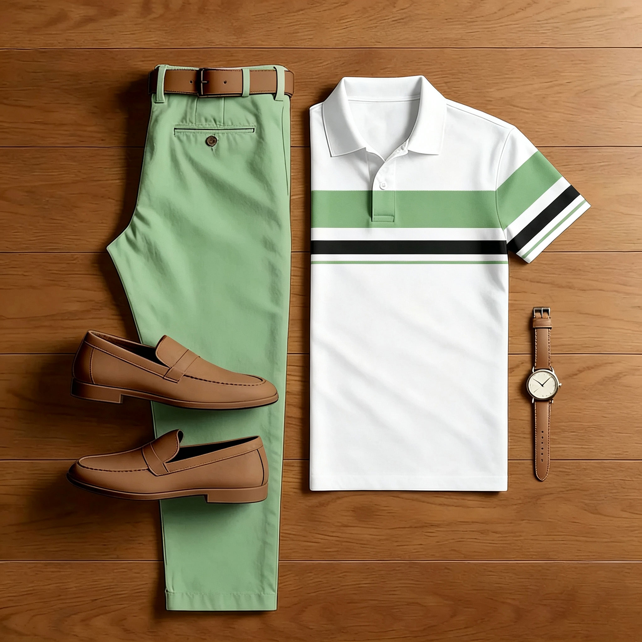 Men's Pink & White Casual Color Matching Striped Printed Short Sleeved Polo Shirt & Trousers Two-Piece Set