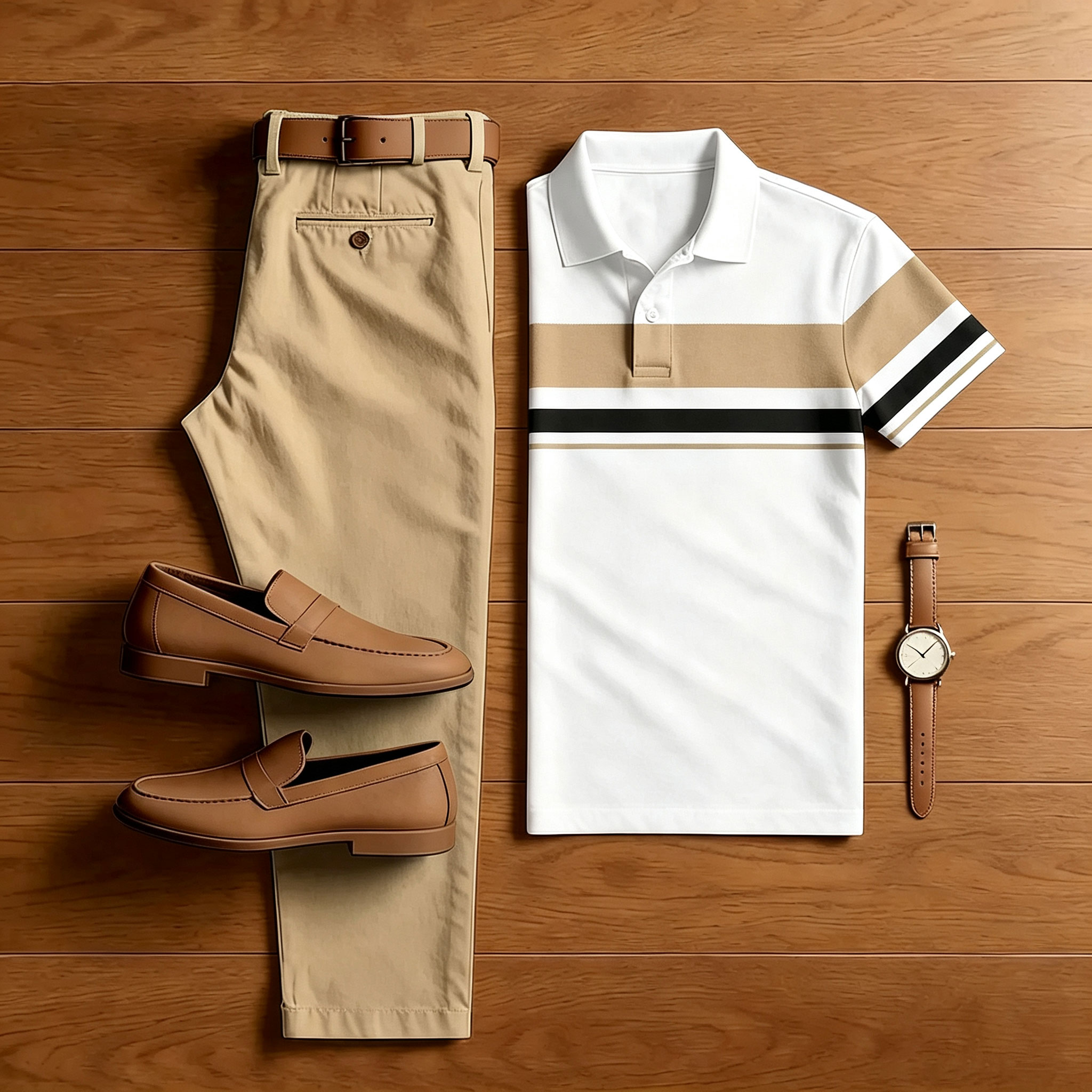 Men's Pink & White Casual Color Matching Striped Printed Short Sleeved Polo Shirt & Trousers Two-Piece Set