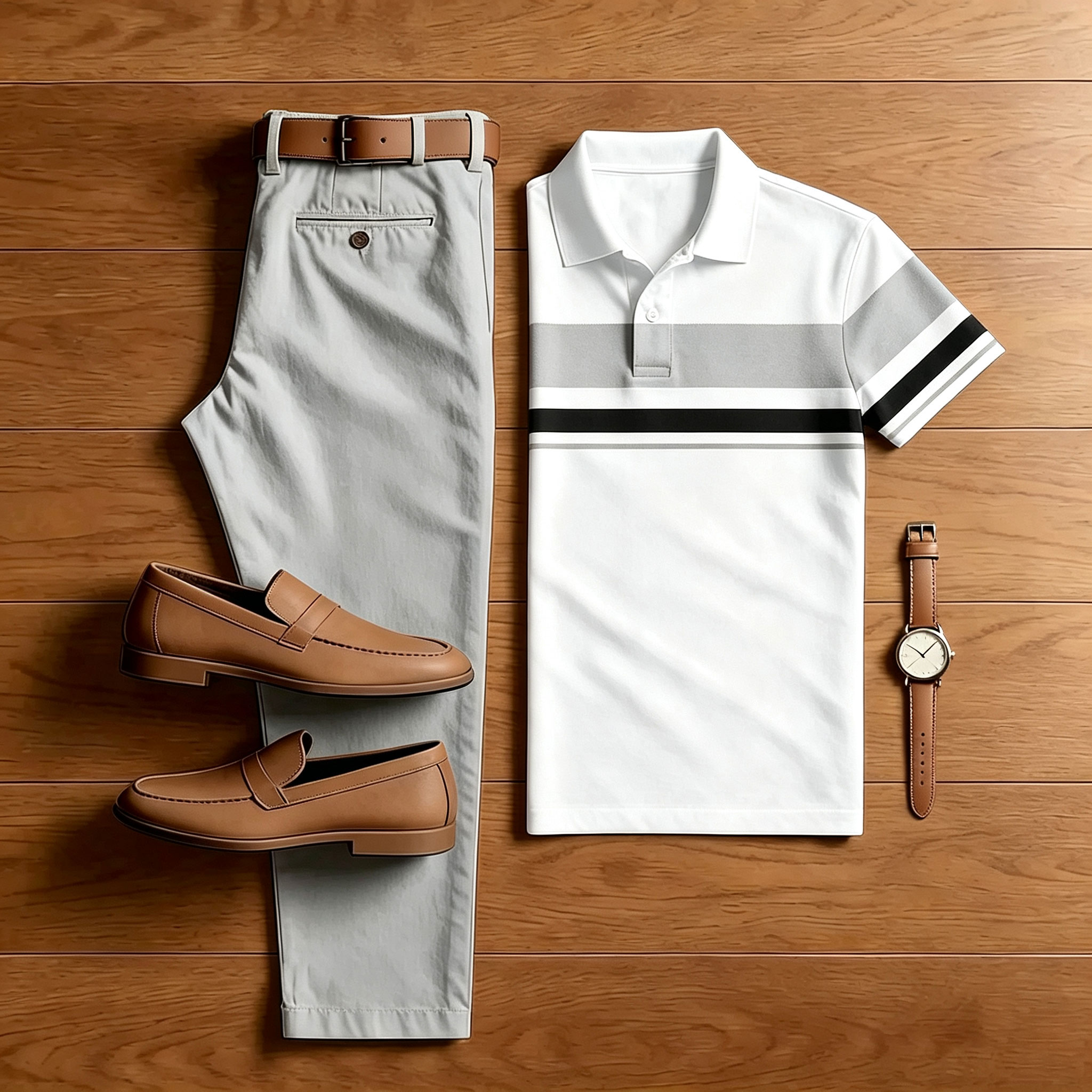 Men's Pink & White Casual Color Matching Striped Printed Short Sleeved Polo Shirt & Trousers Two-Piece Set