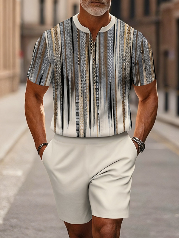 Men's fashion casual round-neck zipper geometric printed short-sleeved two-piece set