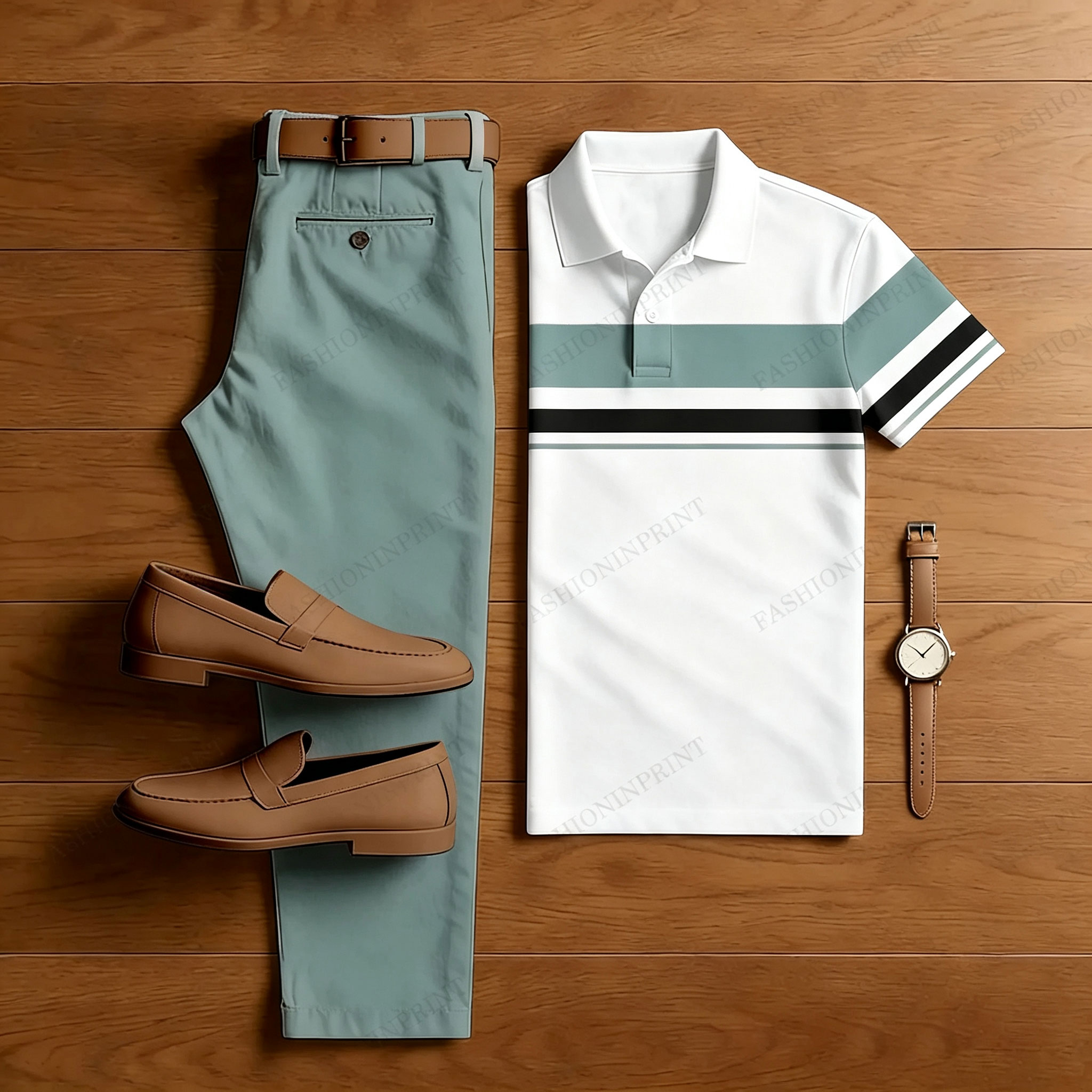 Men's Pink & White Casual Color Matching Striped Printed Short Sleeved Polo Shirt & Trousers Two-Piece Set