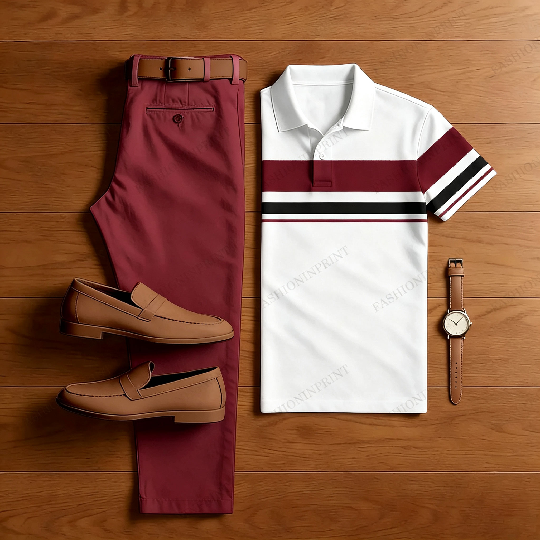 Men's Pink & White Casual Color Matching Striped Printed Short Sleeved Polo Shirt & Trousers Two-Piece Set