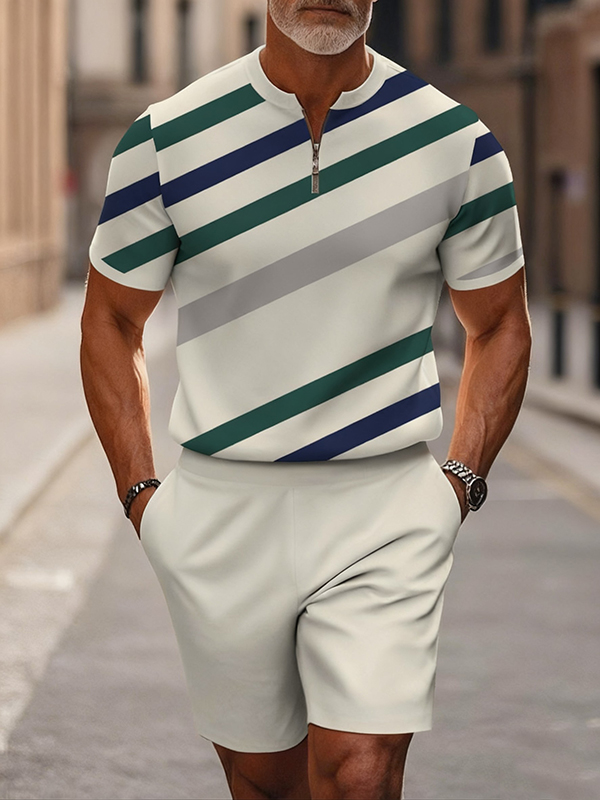 Men's fashion casual round-neck zipper geometric printed short-sleeved two-piece set