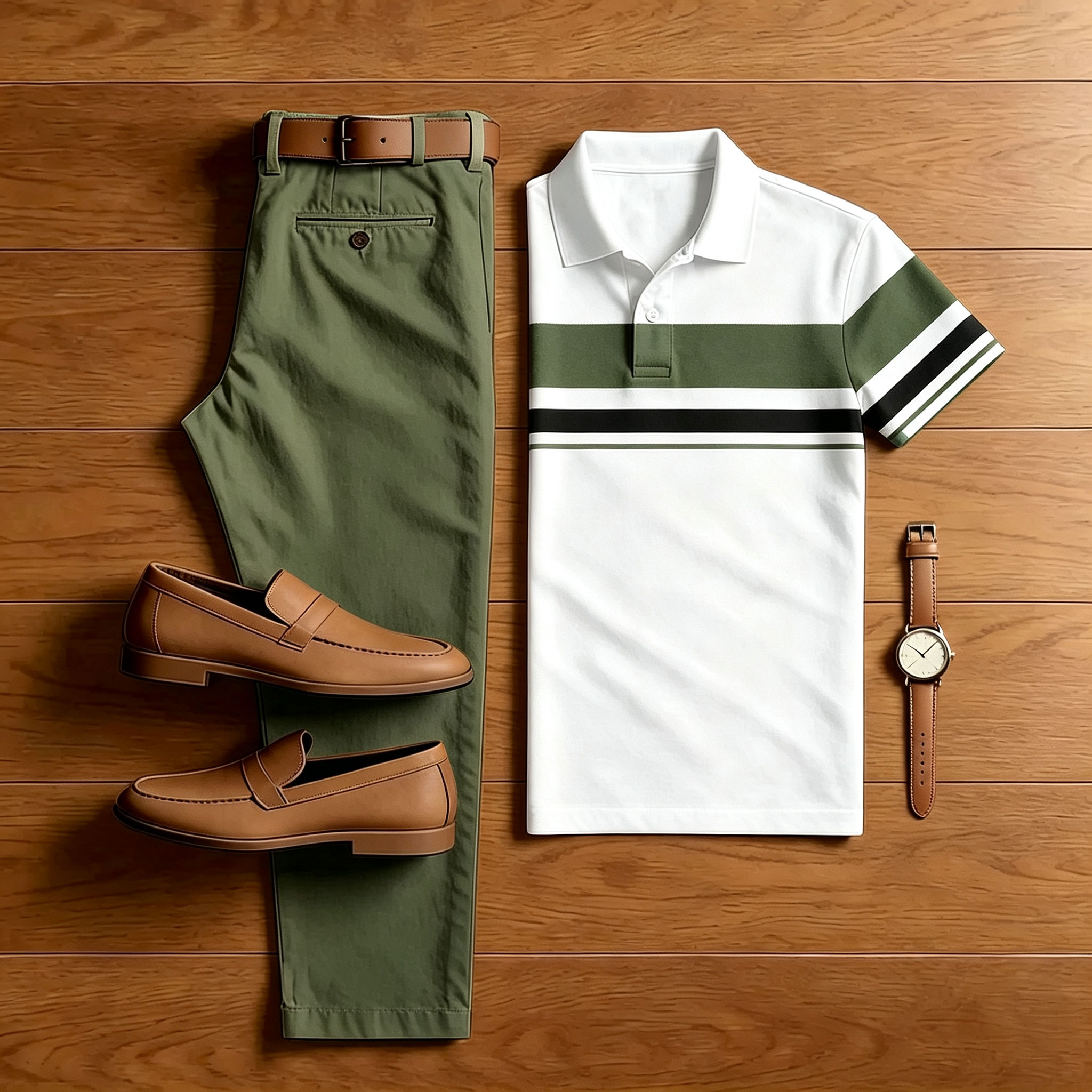 Men's Pink & White Casual Color Matching Striped Printed Short Sleeved Polo Shirt & Trousers Two-Piece Set