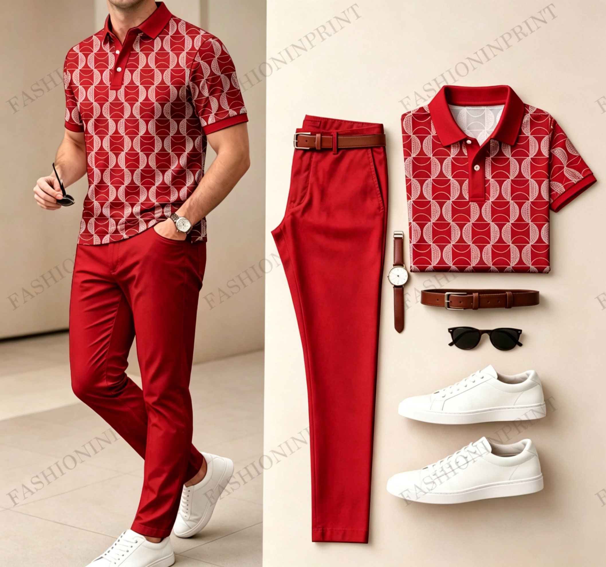 Men's Casual Dark Green Plaid Printed Polo Shirt And Pants Two-Piece Set
