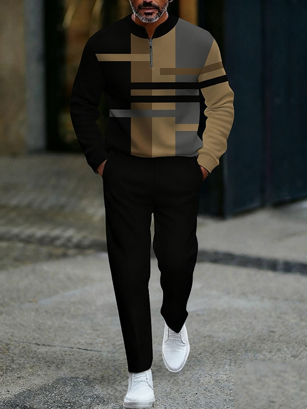 Men's fashion casual geometric print long sleeve zipper two-piece set