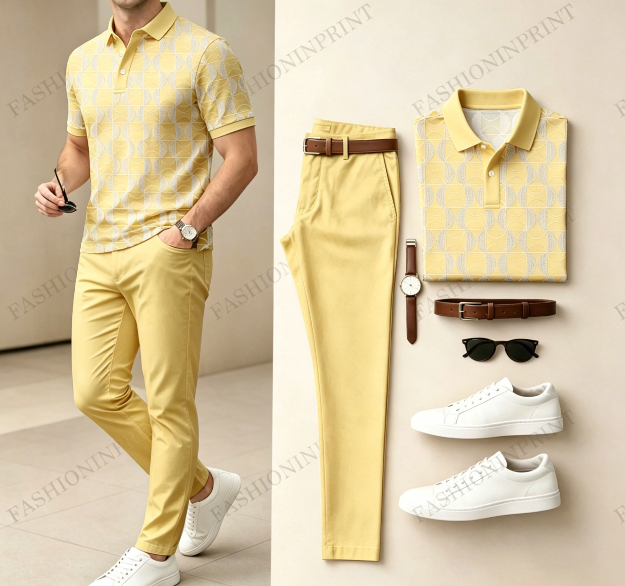 Men's Casual Dark Green Plaid Printed Polo Shirt And Pants Two-Piece Set