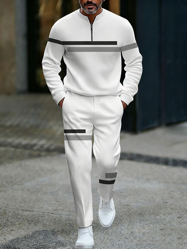 Men's fashion casual geometric print long sleeve zipper two-piece set