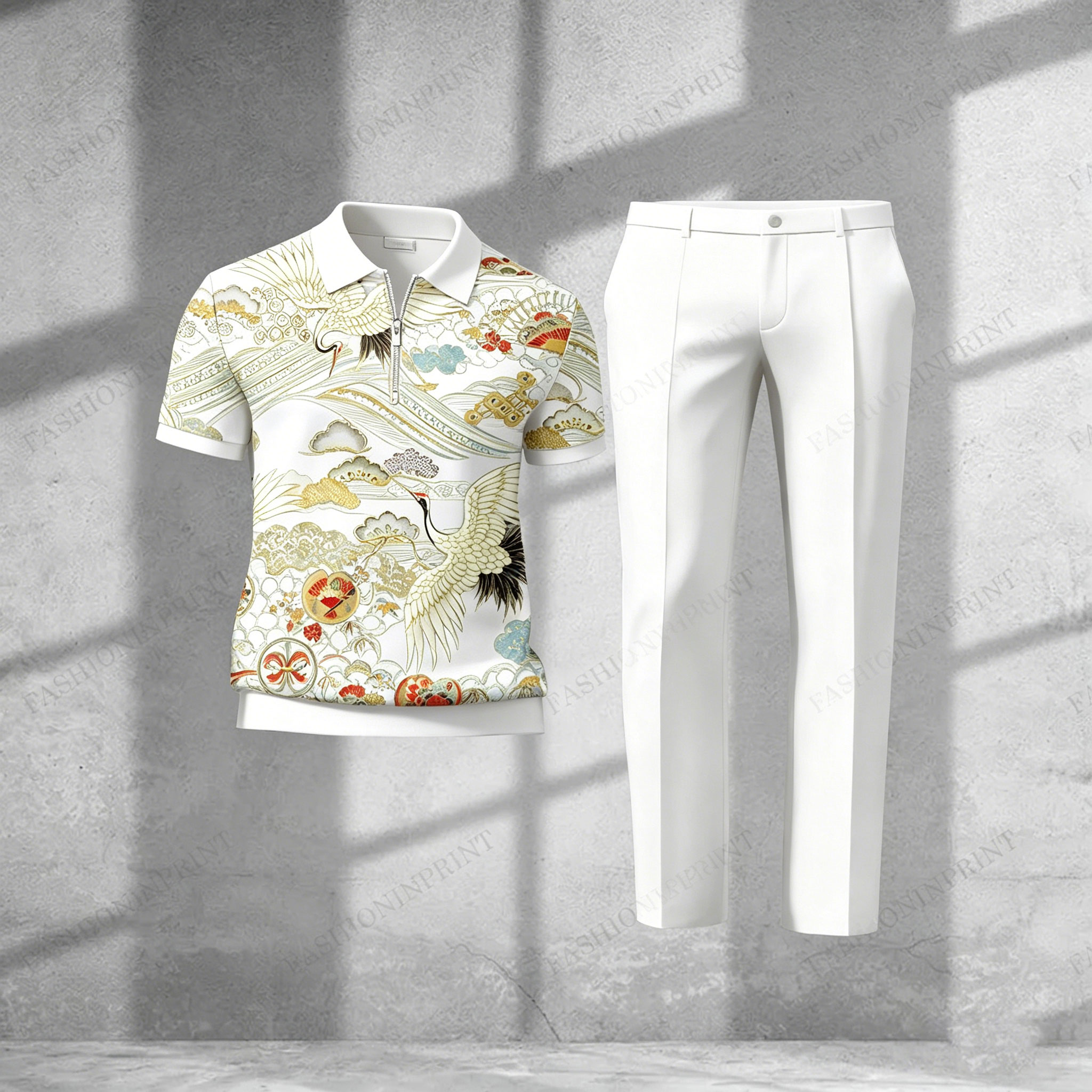 Men's Casual White Printed Half-Zip Short-Sleeve T-Shirt And Pants Two-Piece Set