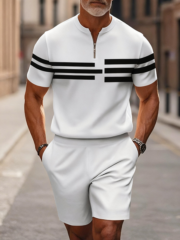 Men's fashion casual round-neck zipper geometric printed short-sleeved two-piece set