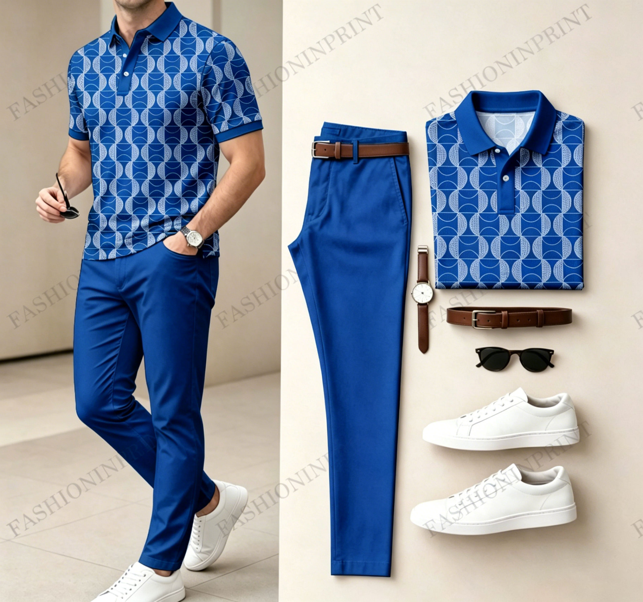 Men's Casual Dark Green Plaid Printed Polo Shirt And Pants Two-Piece Set