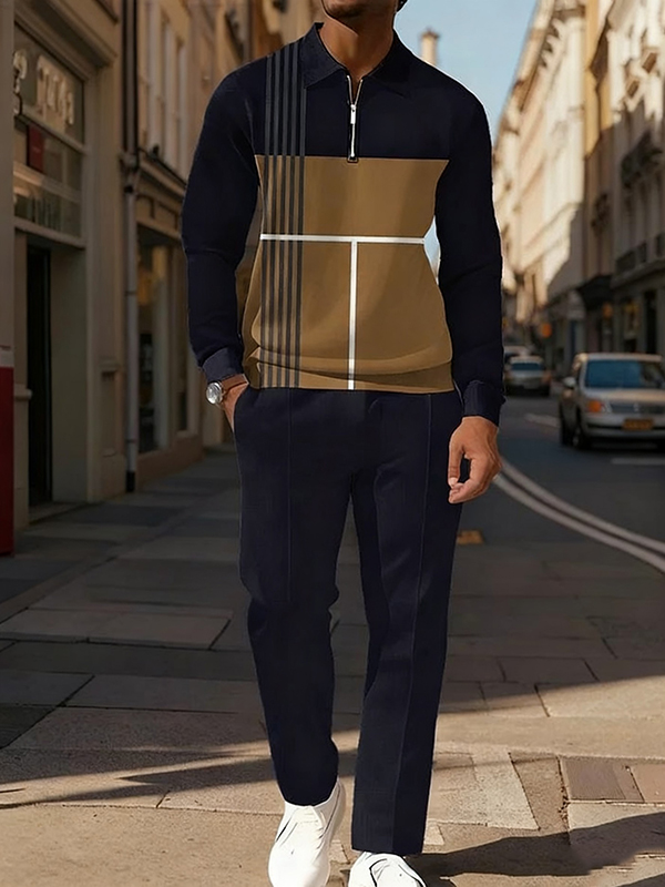 Men's Blue And Brown Stripe Printed POLO Long Sleeve Trousers Two-Piece Set