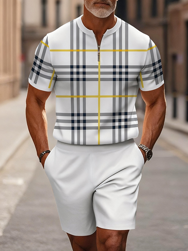 Men's fashion casual round-neck zipper geometric printed short-sleeved two-piece set