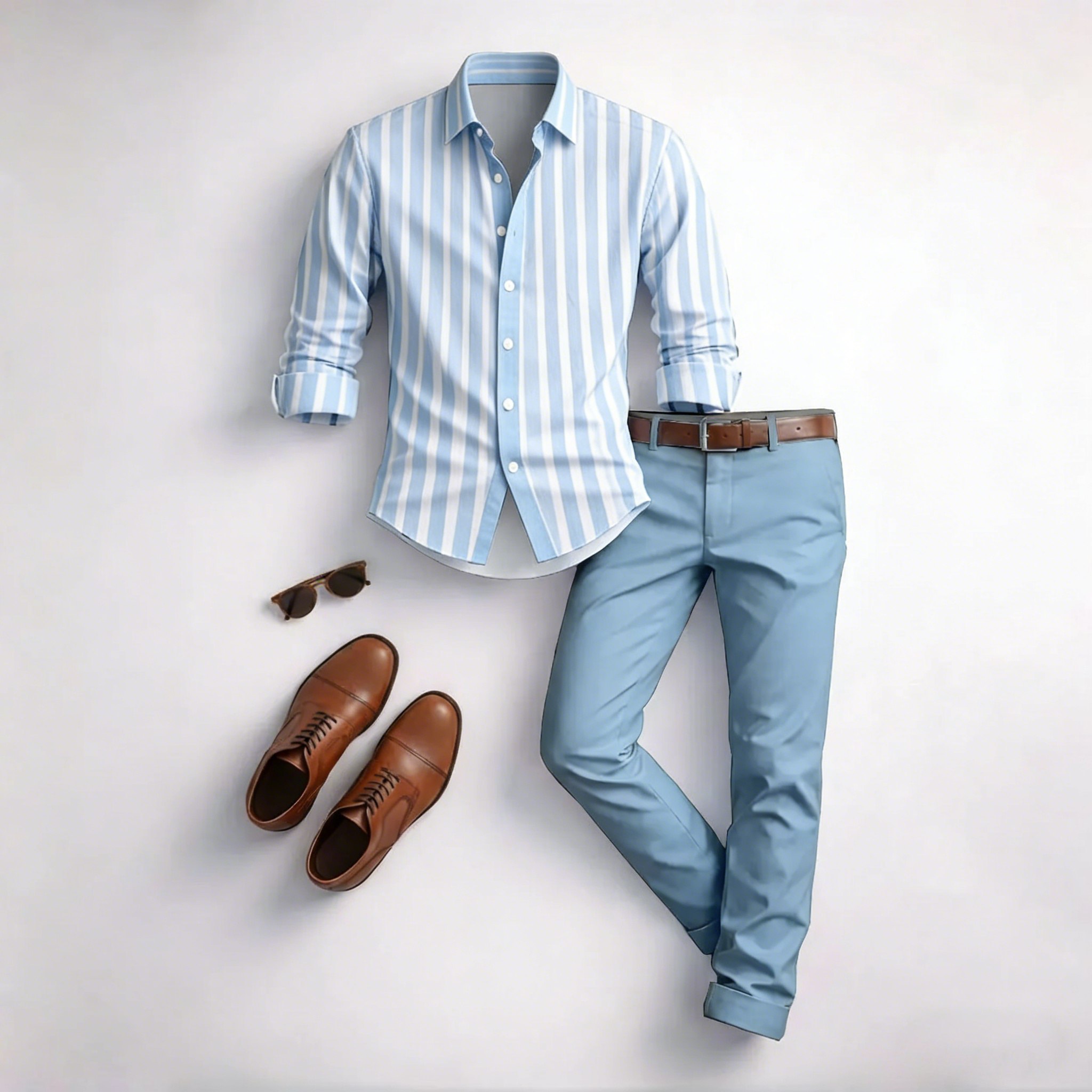 Men's Casual Brown & White Color Matching Striped Printed Long Sleeved Shirt & Trousers Two-Piece Set