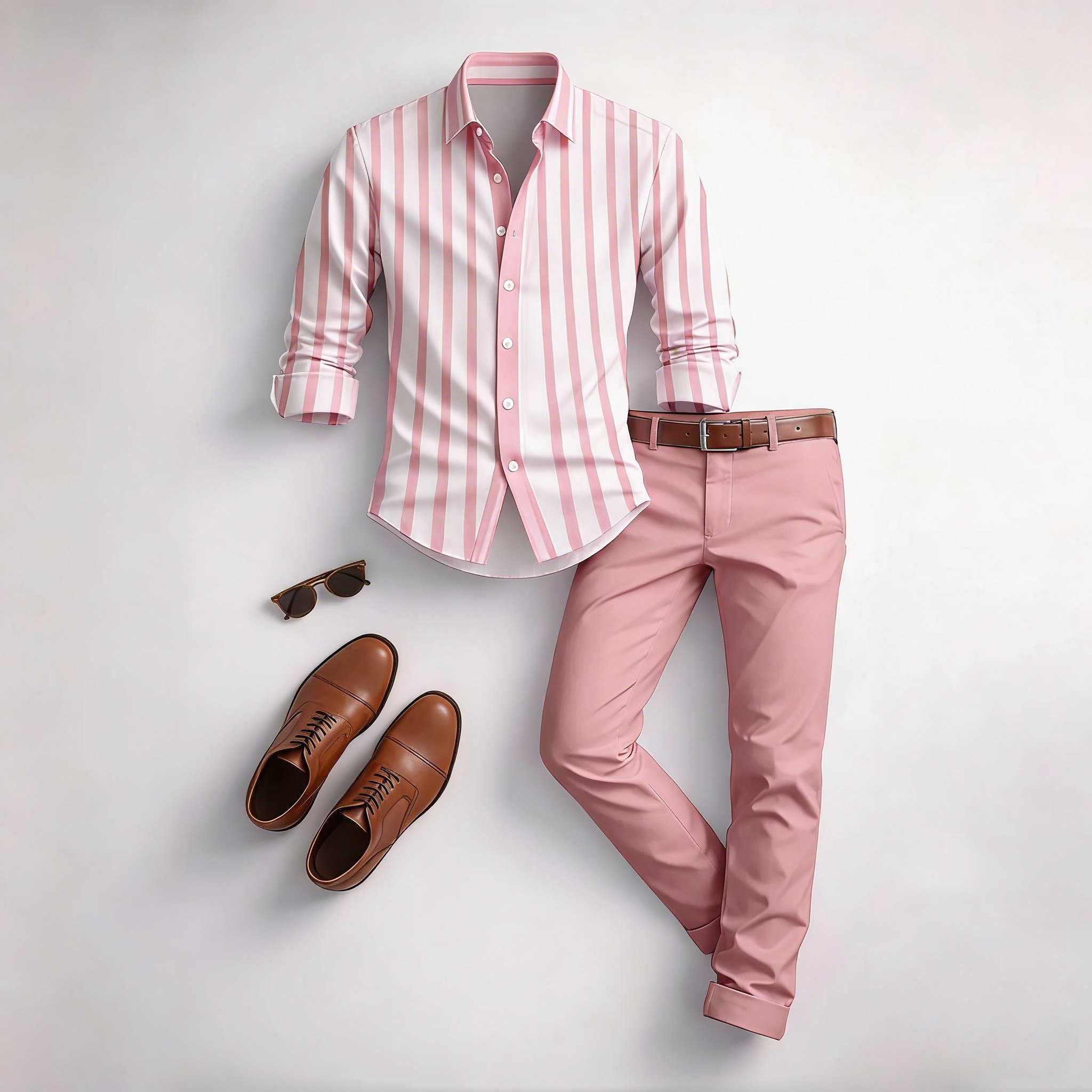 Men's Casual Brown & White Color Matching Striped Printed Long Sleeved Shirt & Trousers Two-Piece Set