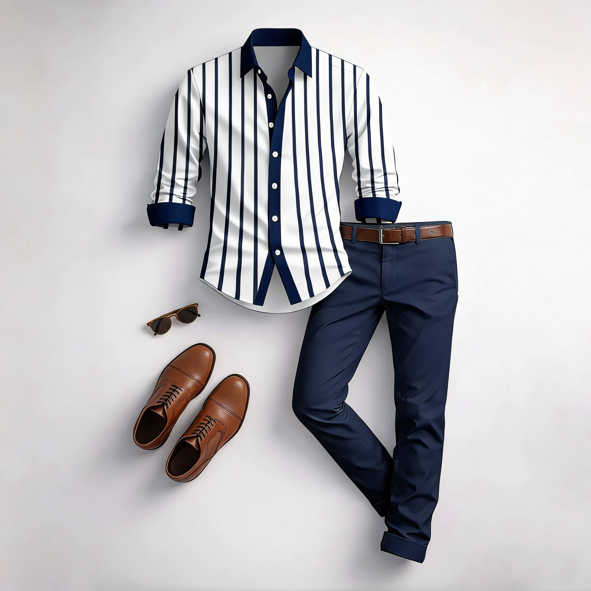 Men's Casual Brown & White Color Matching Striped Printed Long Sleeved Shirt & Trousers Two-Piece Set