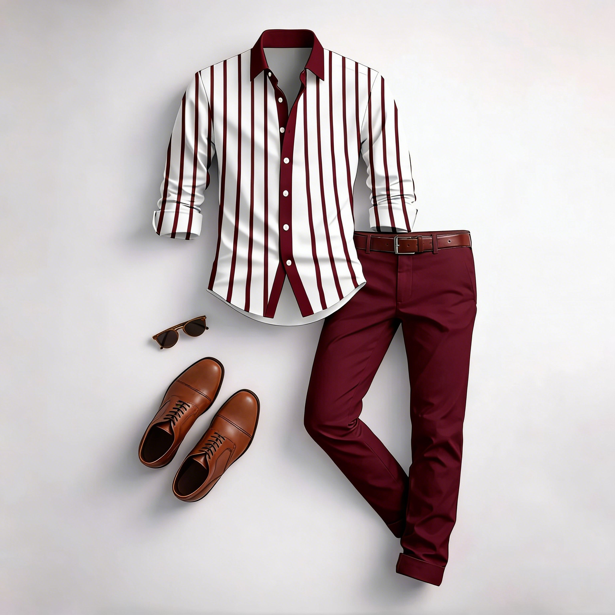 Men's Casual Brown & White Color Matching Striped Printed Long Sleeved Shirt & Trousers Two-Piece Set