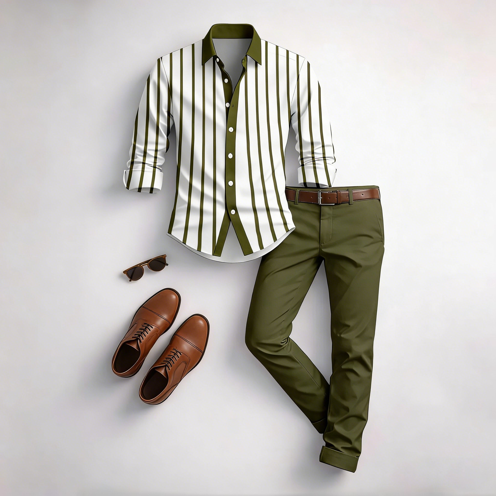 Men's Casual Brown & White Color Matching Striped Printed Long Sleeved Shirt & Trousers Two-Piece Set