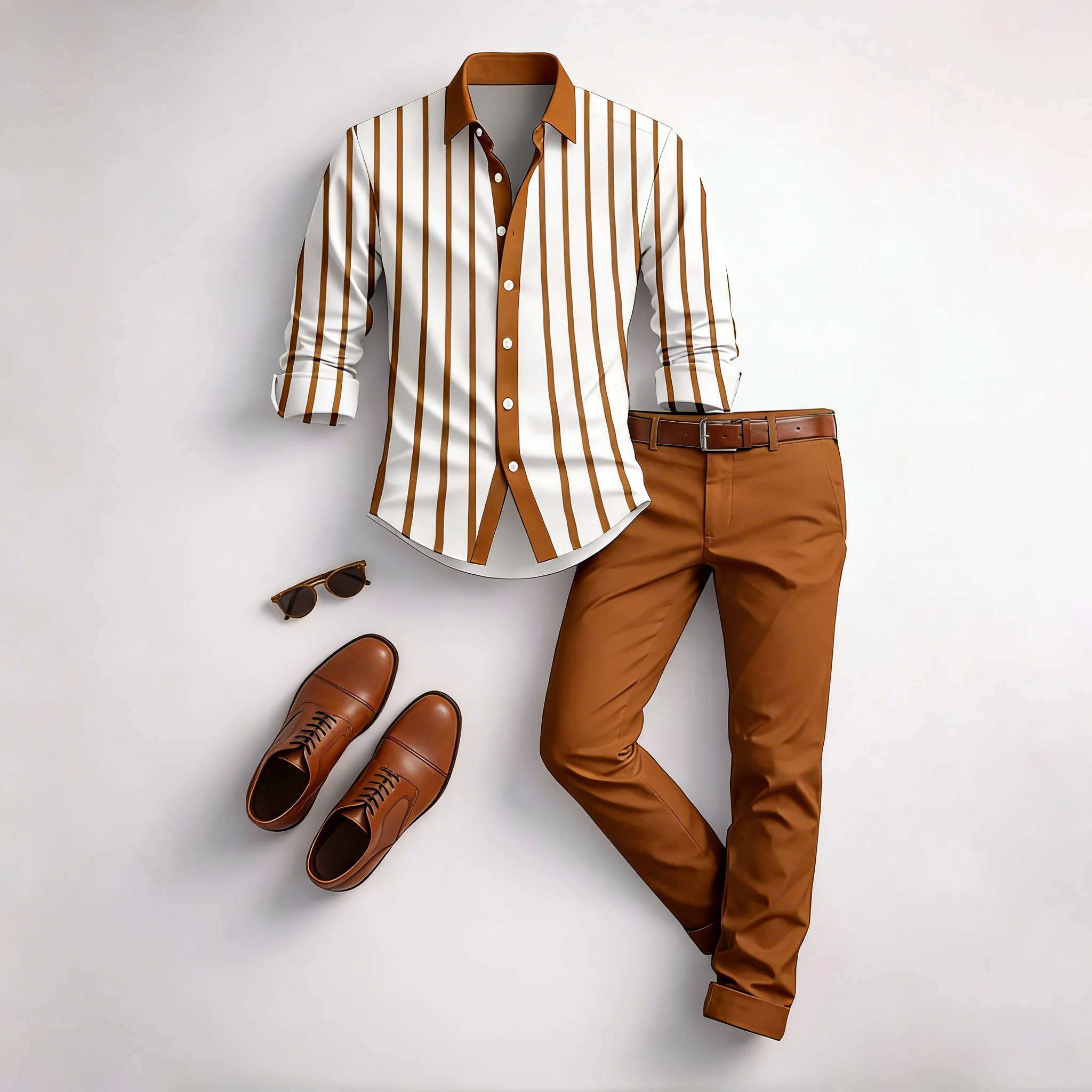 Men's Casual Brown & White Color Matching Striped Printed Long Sleeved Shirt & Trousers Two-Piece Set