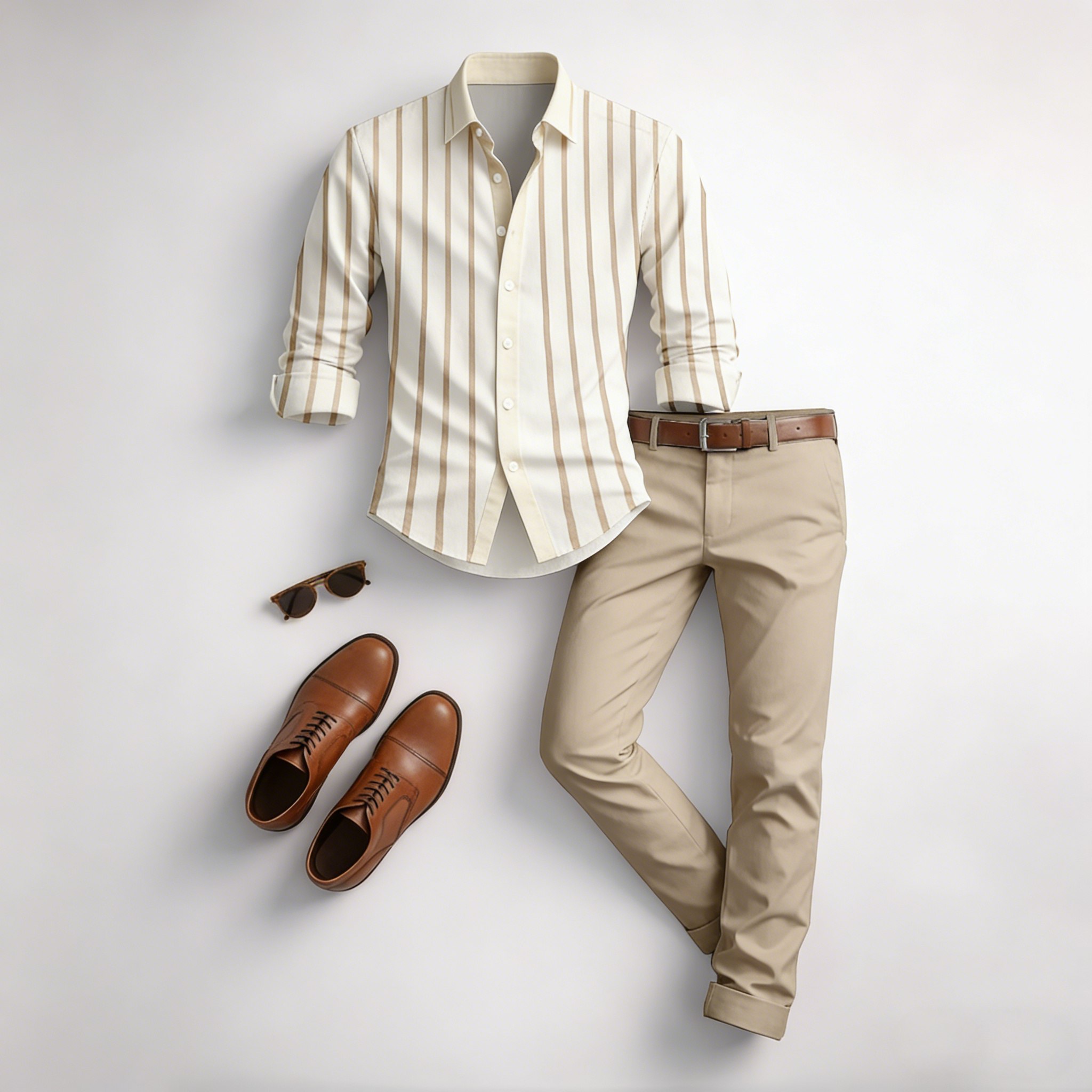 Men's Casual Brown & White Color Matching Striped Printed Long Sleeved Shirt & Trousers Two-Piece Set