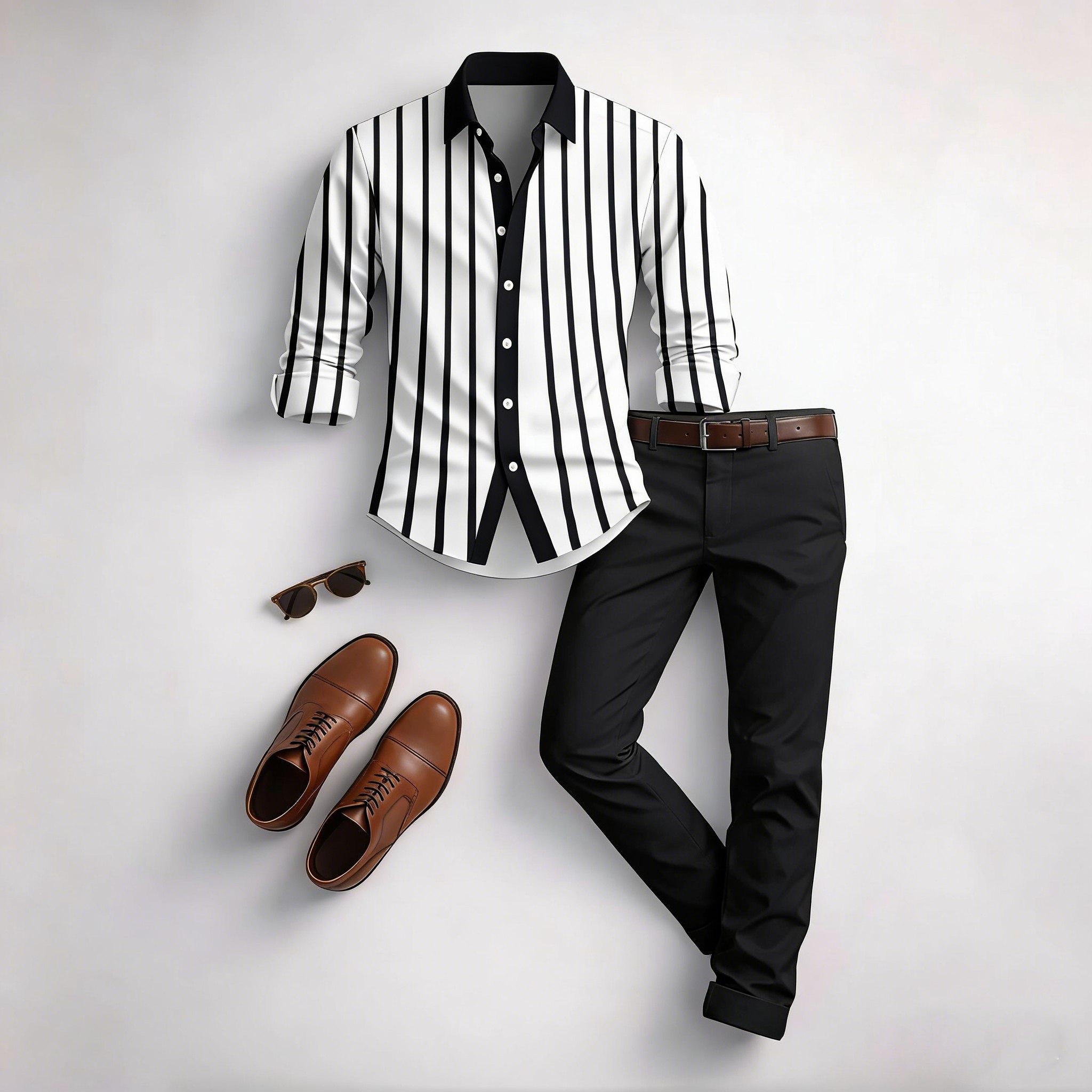 Men's Casual Brown & White Color Matching Striped Printed Long Sleeved Shirt & Trousers Two-Piece Set