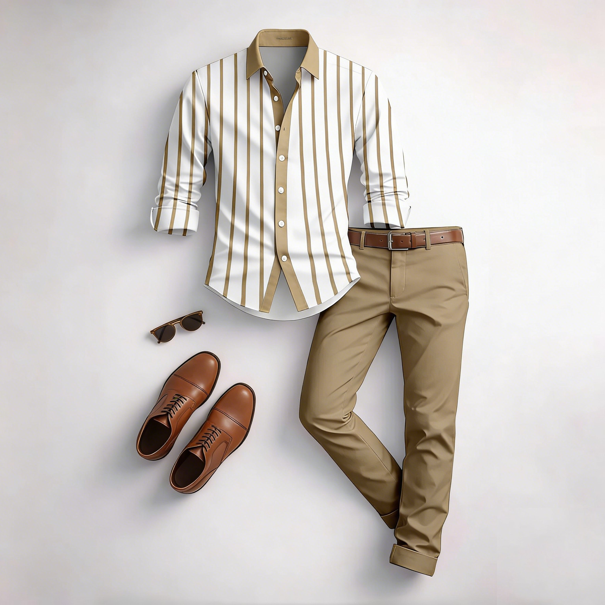 Men's Casual Brown & White Color Matching Striped Printed Long Sleeved Shirt & Trousers Two-Piece Set