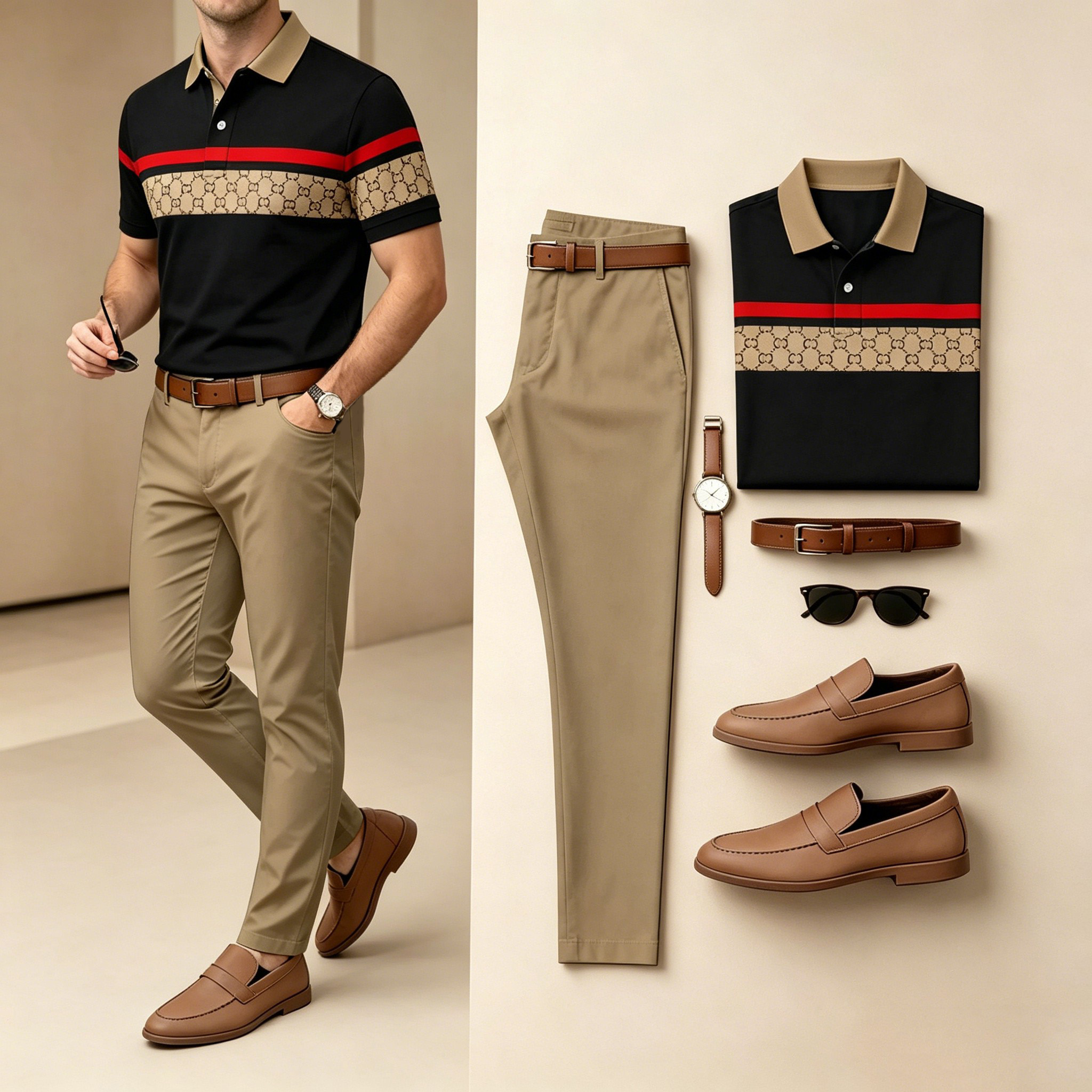 Men's Casual Tan & Black Color Matching VIntage Patchwork Printed Short-Sleeve Polo Shirt & Trousers Two-Piece Set