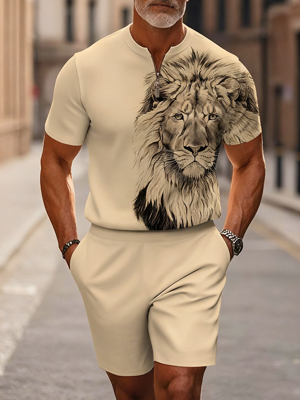 Men's fashion casual round-neck zipper geometric printed short-sleeved two-piece set