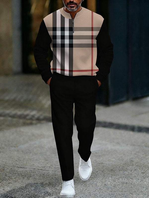 Men's fashion casual geometric print long sleeve zipper two-piece set