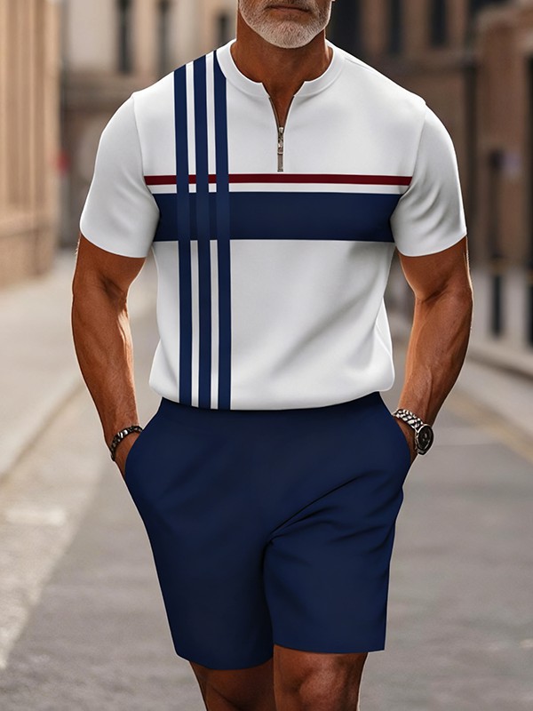 Men's fashion casual round-neck zipper geometric printed short-sleeved two-piece set