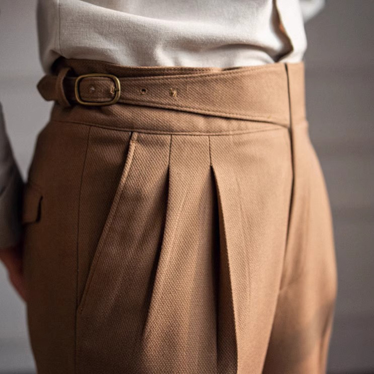 Men's Italian Neapolitan High‑Waisted Straight‑Fit Casual Dress Pants, British Vintage Versatile Trousers