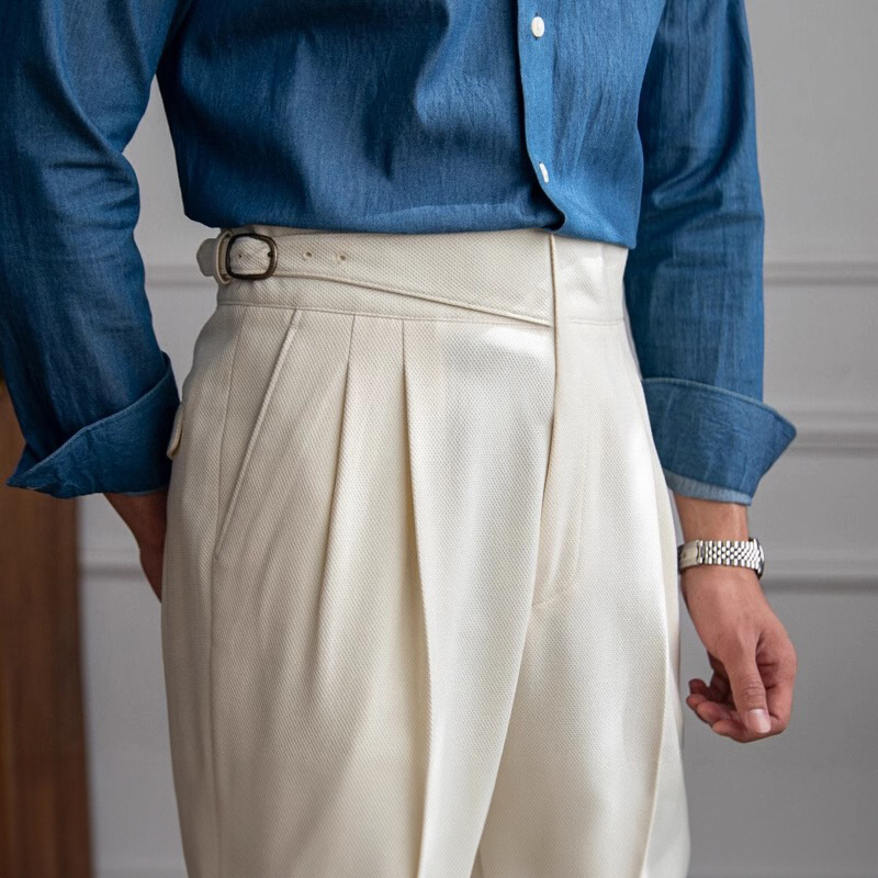 Men's Italian Neapolitan High‑Waisted Straight‑Fit Casual Dress Pants, British Vintage Versatile Trousers