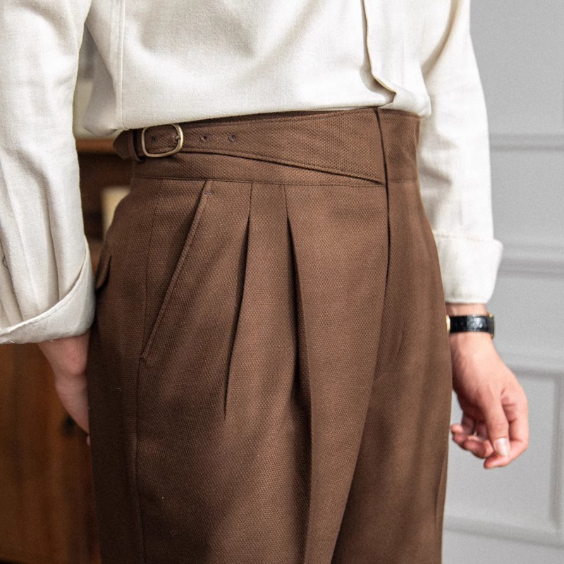 Men's Italian Neapolitan High‑Waisted Straight‑Fit Casual Dress Pants, British Vintage Versatile Trousers
