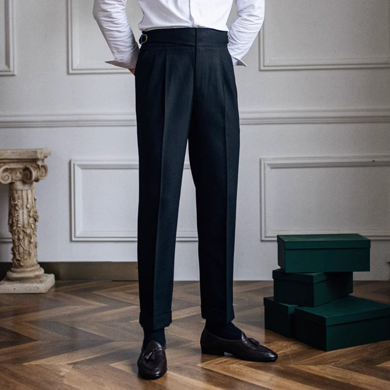 Men's Italian Neapolitan High‑Waisted Straight‑Fit Casual Dress Pants, British Vintage Versatile Trousers