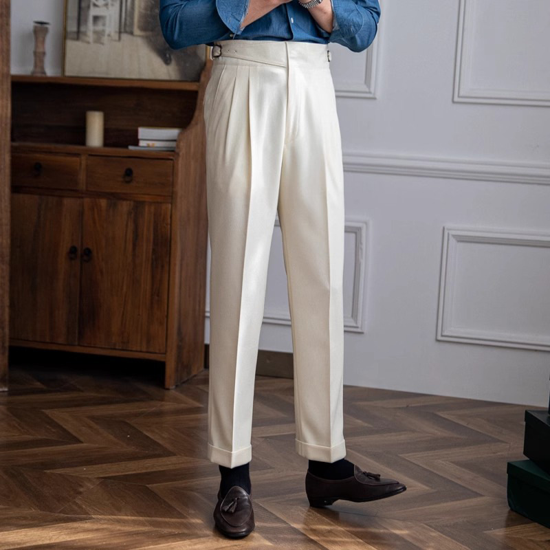 Men's Italian Neapolitan High‑Waisted Straight‑Fit Casual Dress Pants, British Vintage Versatile Trousers