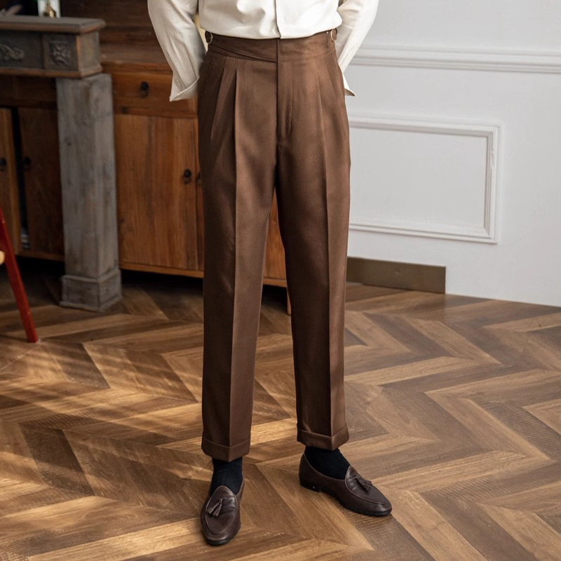 Men's Italian Neapolitan High‑Waisted Straight‑Fit Casual Dress Pants, British Vintage Versatile Trousers