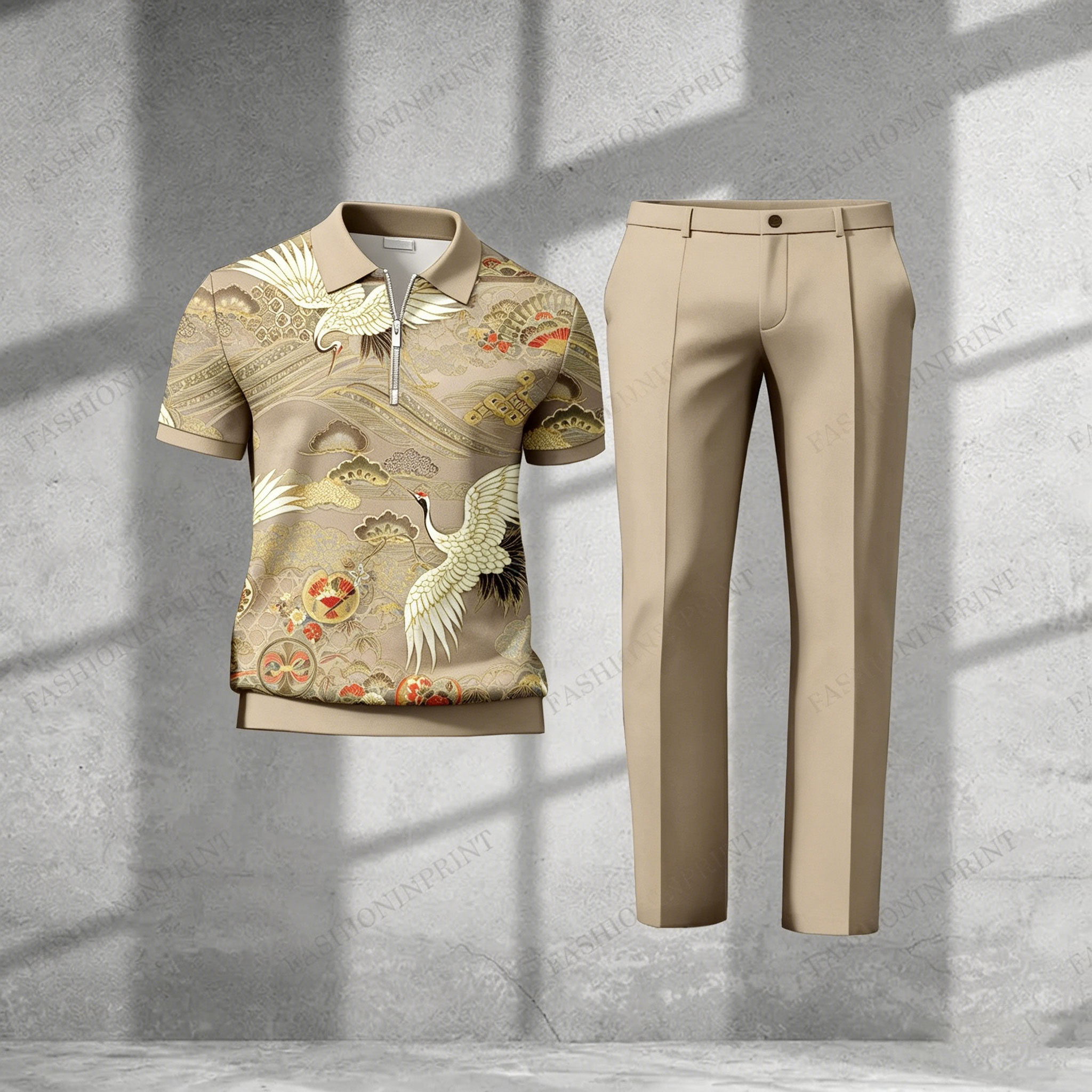 Men's Casual Royal Green Crane Short-Sleeved Half-Zip Polo Shirt And Royal Green Trousers Two-Piece Set