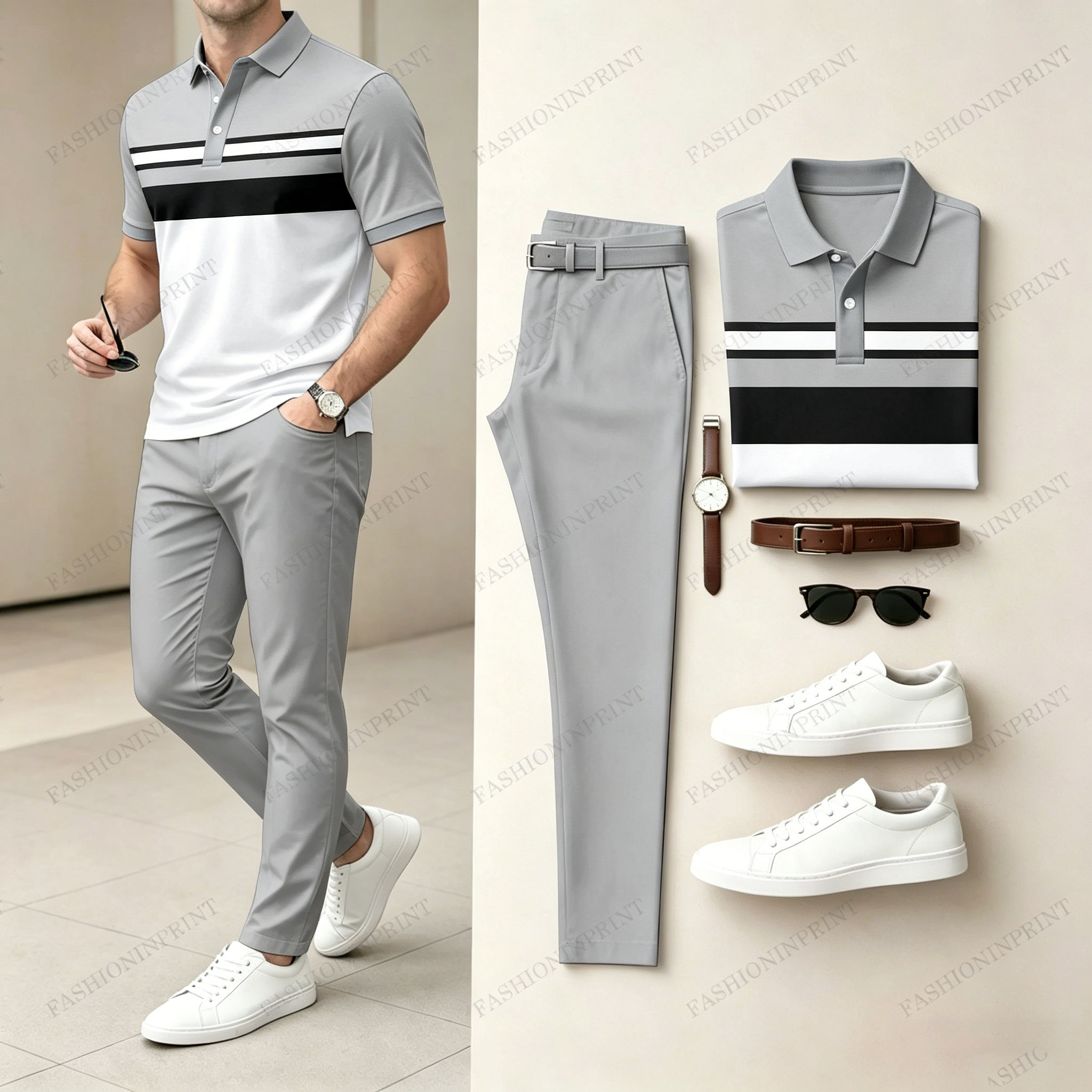 Men's Casual Khaki Geometry Printed Polo Shirt And Pants Two-Piece Set