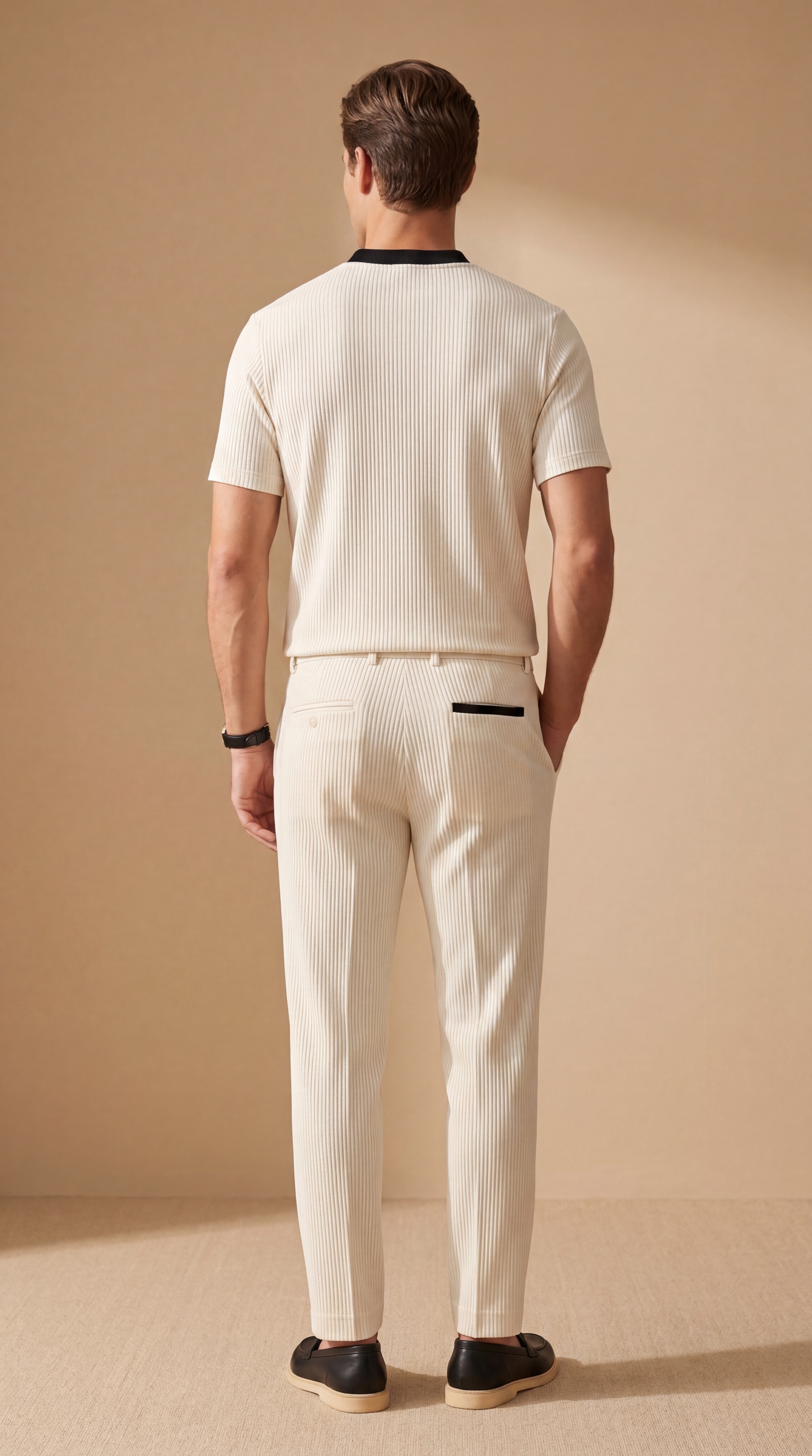 Men's Casual Beige & Black Color Matching Short Sleeved Henry Collar T-Shirt & Trousers Two-Piece Set