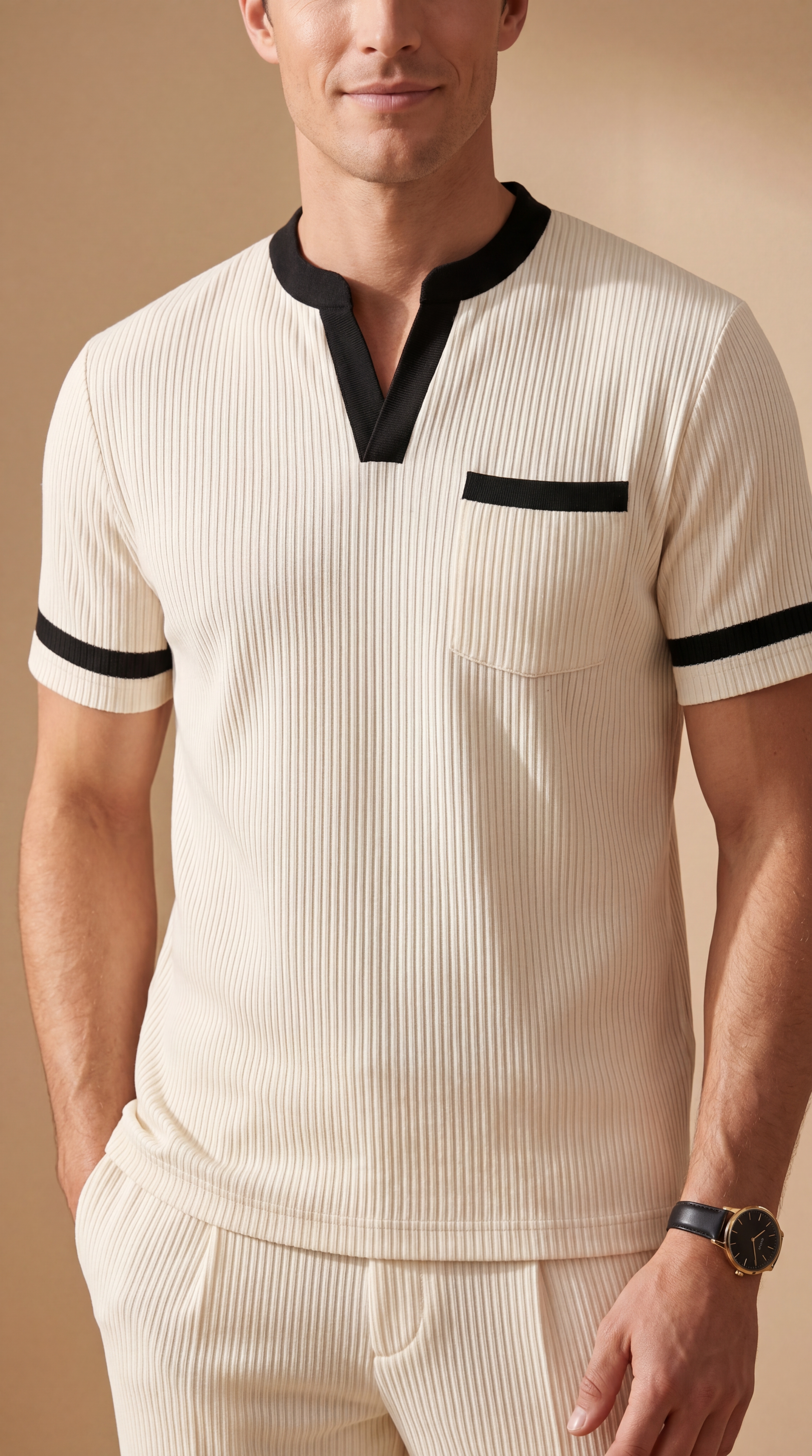 Men's Casual Beige & Black Color Matching Short Sleeved Henry Collar T-Shirt & Trousers Two-Piece Set