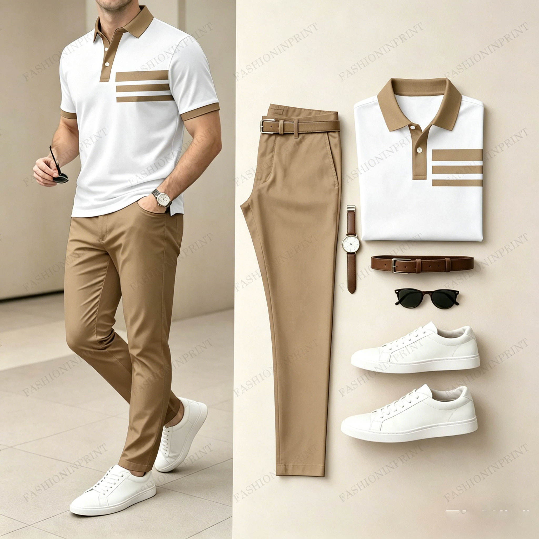 Men's Casual White Geometry Printed Polo Shirt And Pants Two-Piece Set