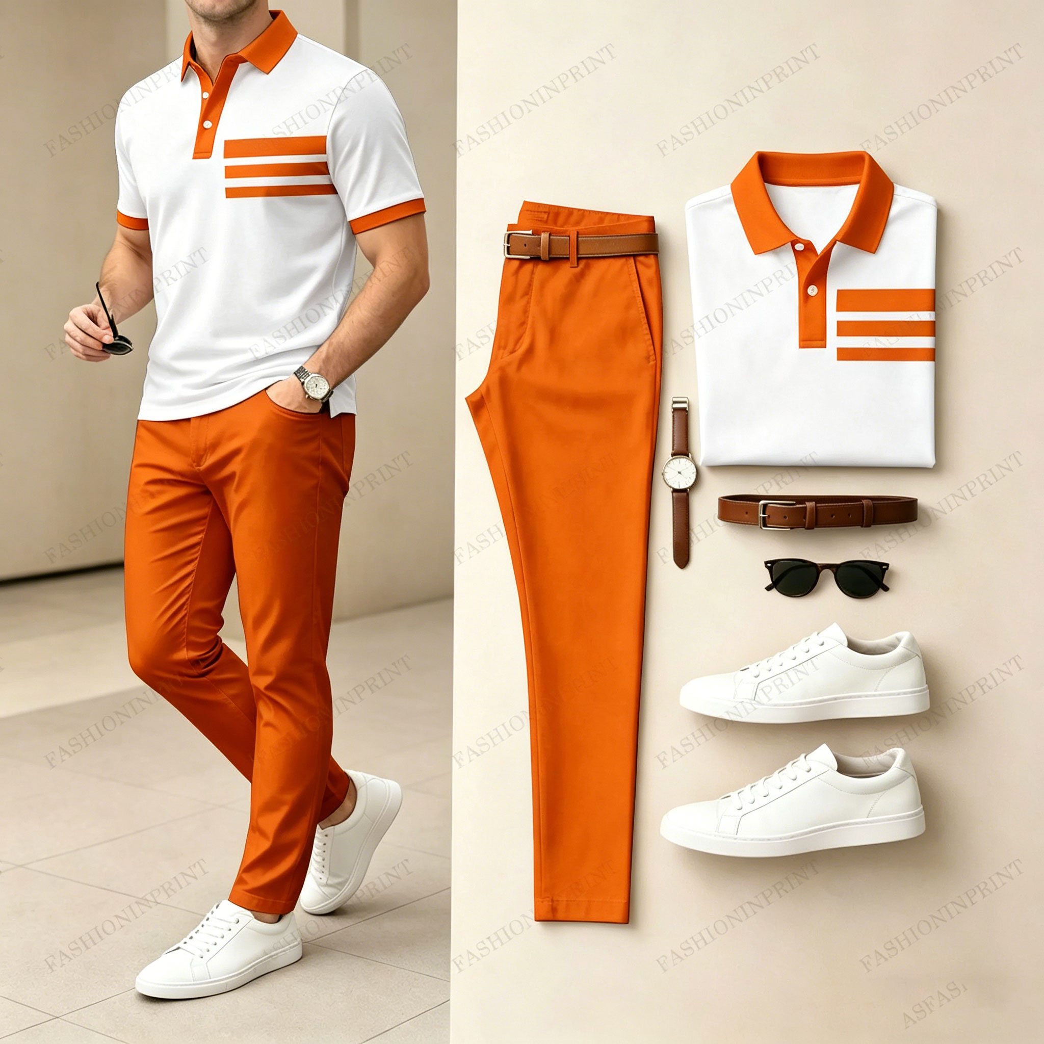 Men's Casual White Geometry Printed Polo Shirt And Pants Two-Piece Set
