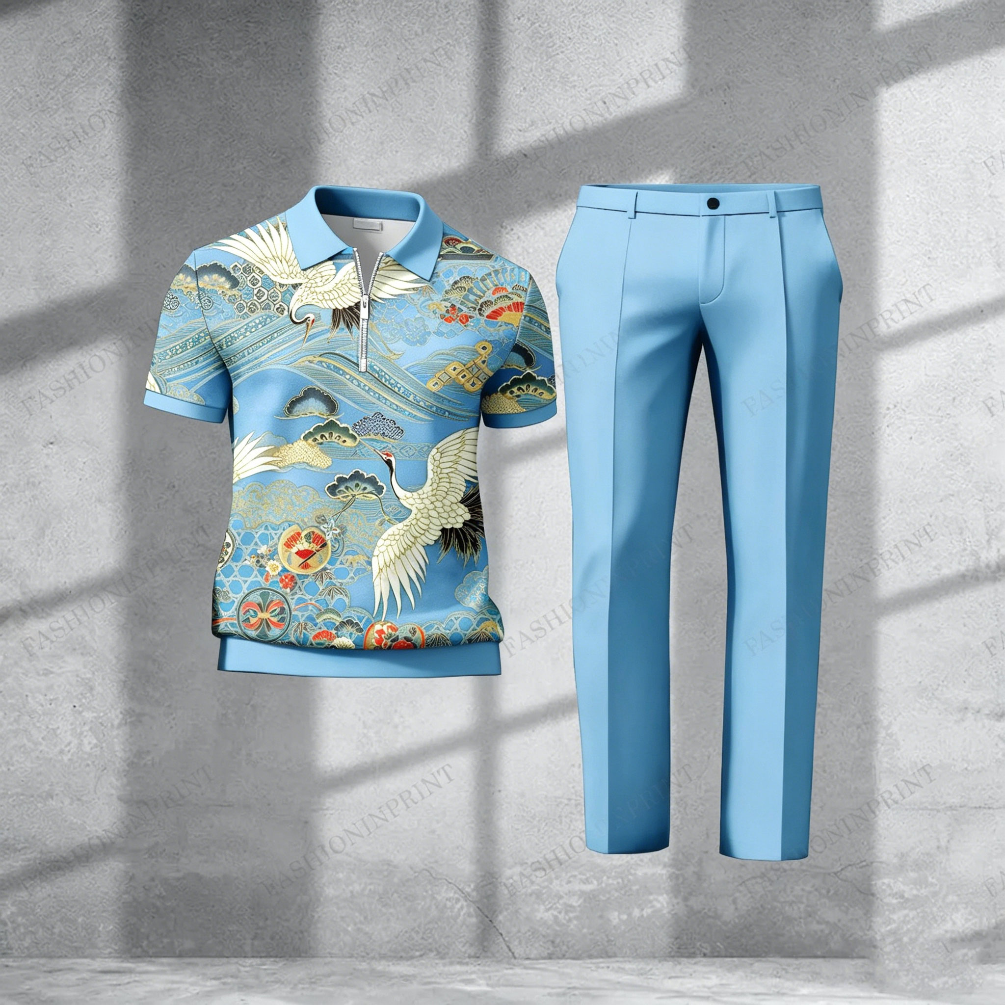 Men's Casual Royal Green Crane Short-Sleeved Half-Zip Polo Shirt And Royal Green Trousers Two-Piece Set