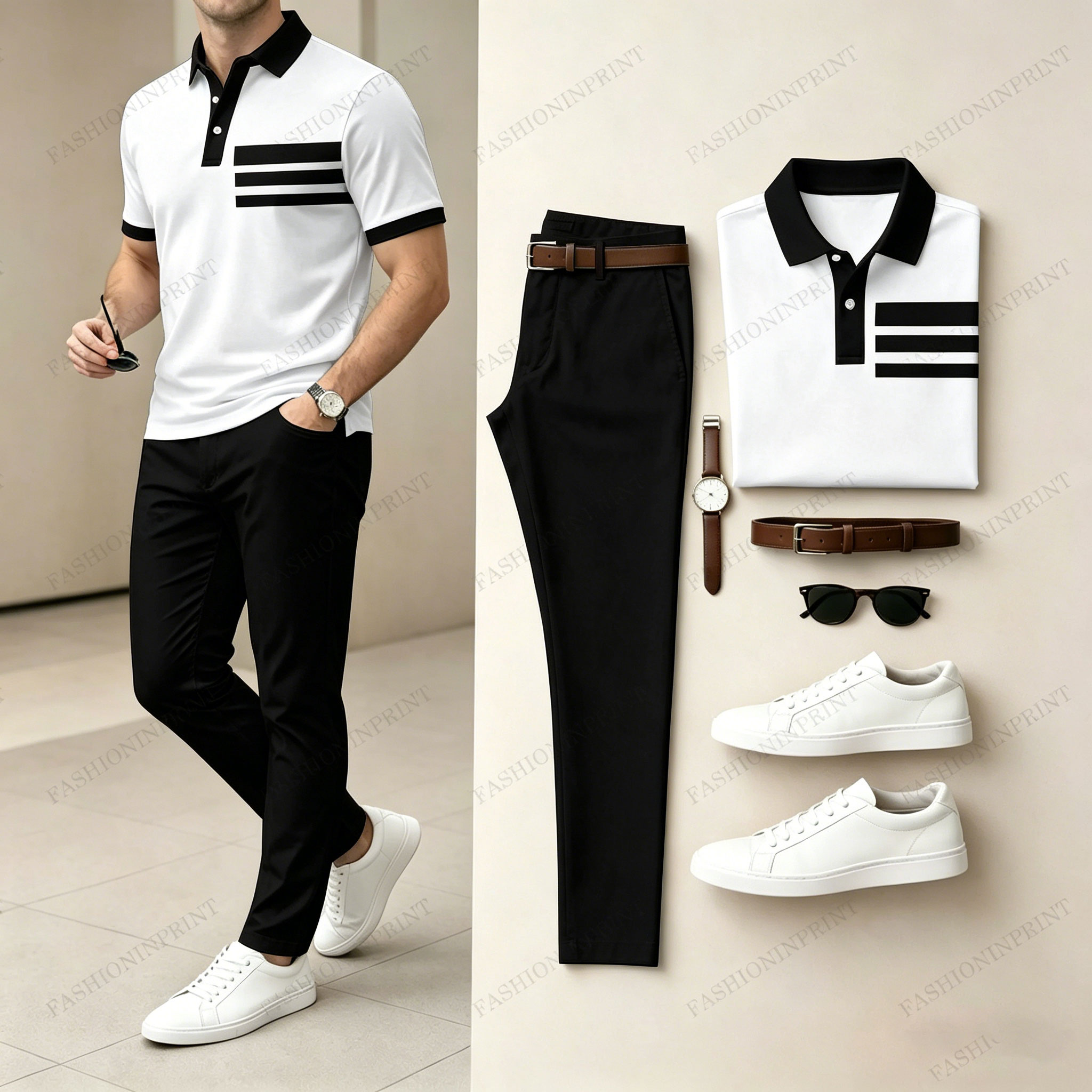 Men's Casual White Geometry Printed Polo Shirt And Pants Two-Piece Set