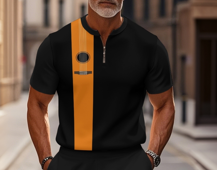 Men's fashion casual round-neck zipper geometric printed short-sleeved two-piece set 2507000251