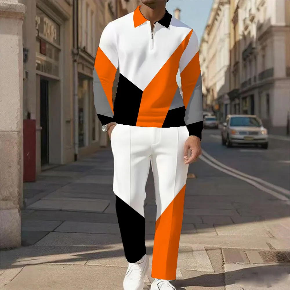 Men's Casual Color Matching Printed Polo-Collar Zipper Long Sleeved Trousers Two-Piece Set
